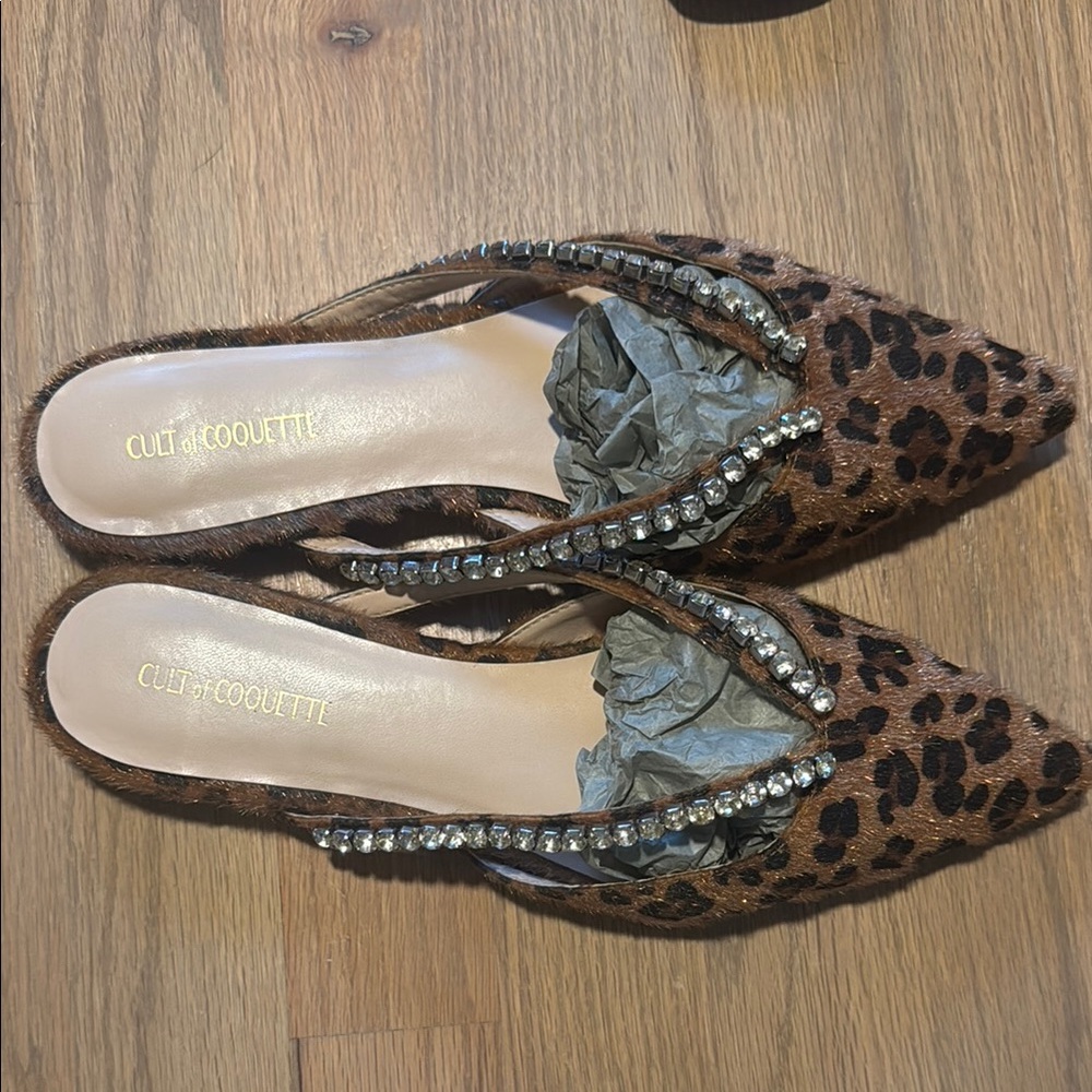 Leopard-Print Pointed Toe Slip-On Flats with Crystal Trim - Brown